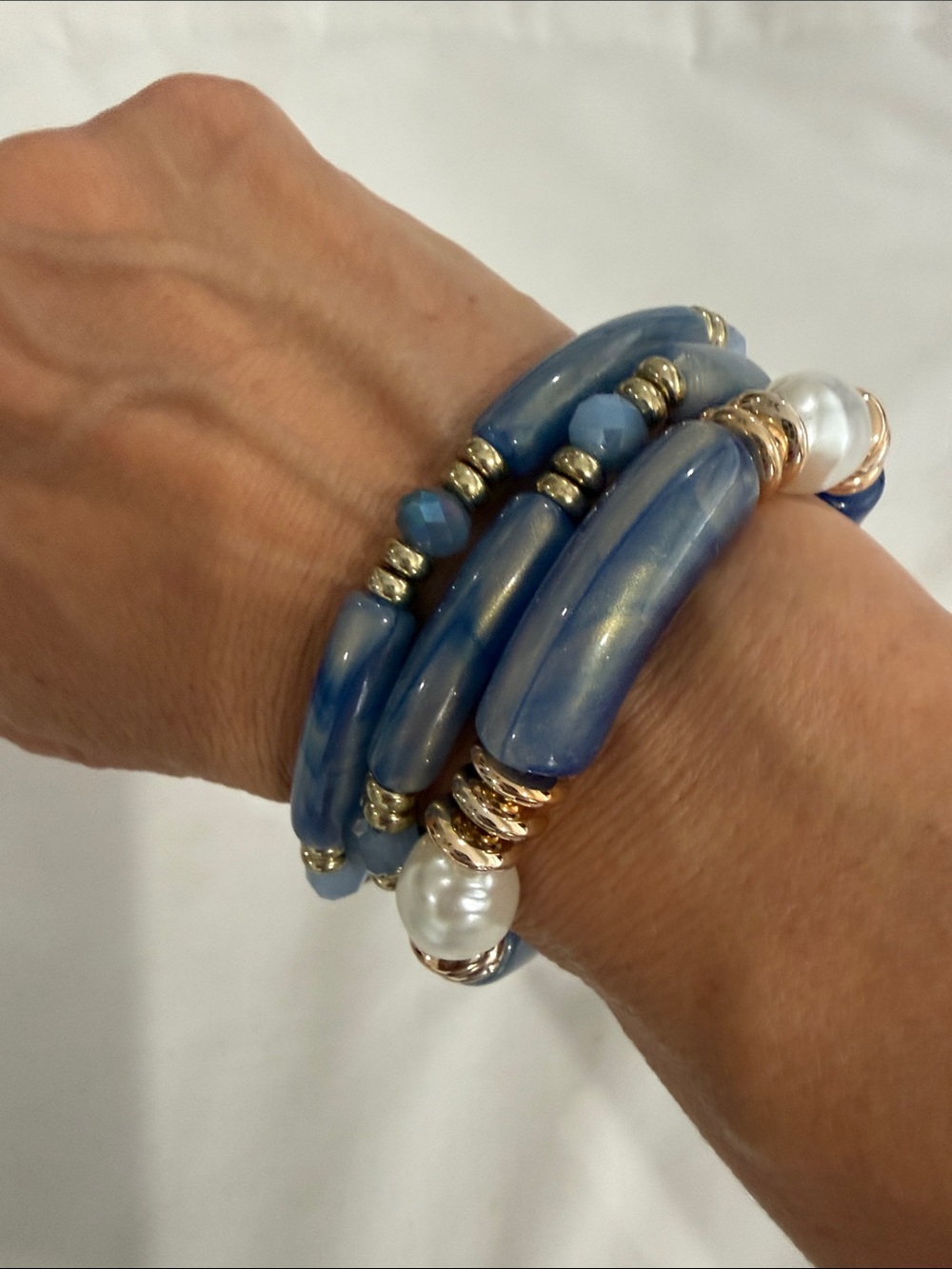 Blue Beaded Wrap Bracelet with Pearl Accents